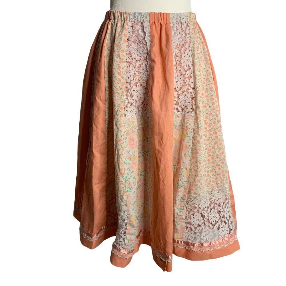 Vintage 70s Patchwork Circle Patio Skirt S Pink Floral Lace Cottage Prairie
